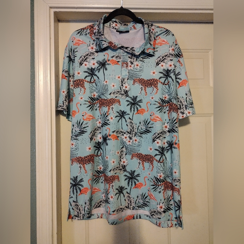 Men's GreenSide Golf Tropical Print Polo Golf Shirt Size XL Cheetah/Flamingo